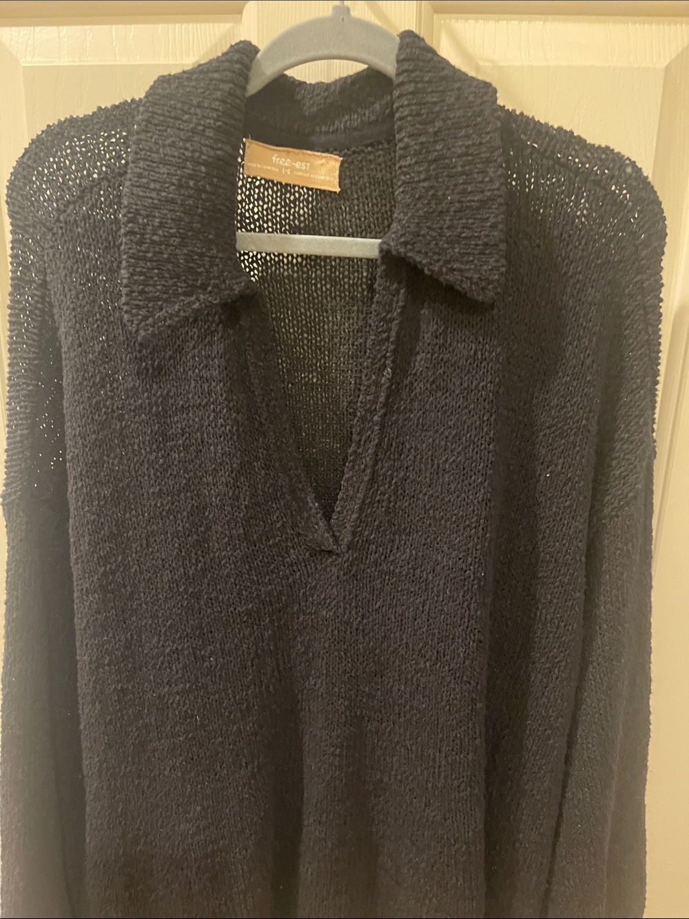 Free People Black Collared V-Neck Knit Sweater